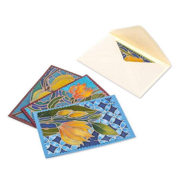 Alternate image for Handcrafted Batik Floral Greeting Cards Set of 4 Flourishing Thailand