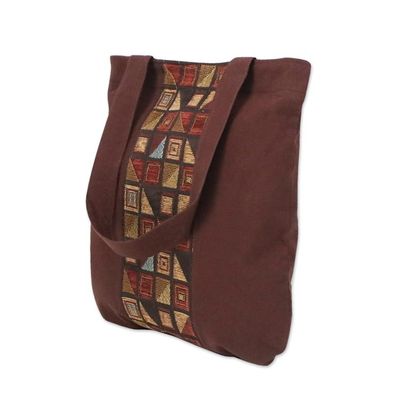 Alternate image for Geometric Motif Brown Cotton Tote Handbag from Thailand Native Geometry