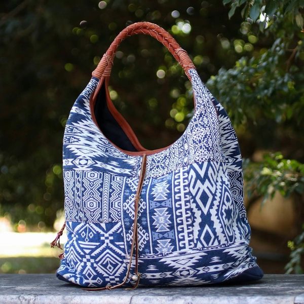 Alternate image for Leather Accent Cotton Blend Hobo Bag in Lapis and White Lapis Geometry