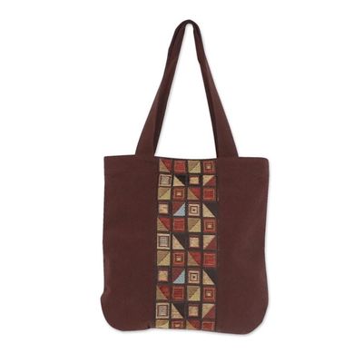 Alternate image for Geometric Motif Brown Cotton Tote Handbag from Thailand Native Geometry