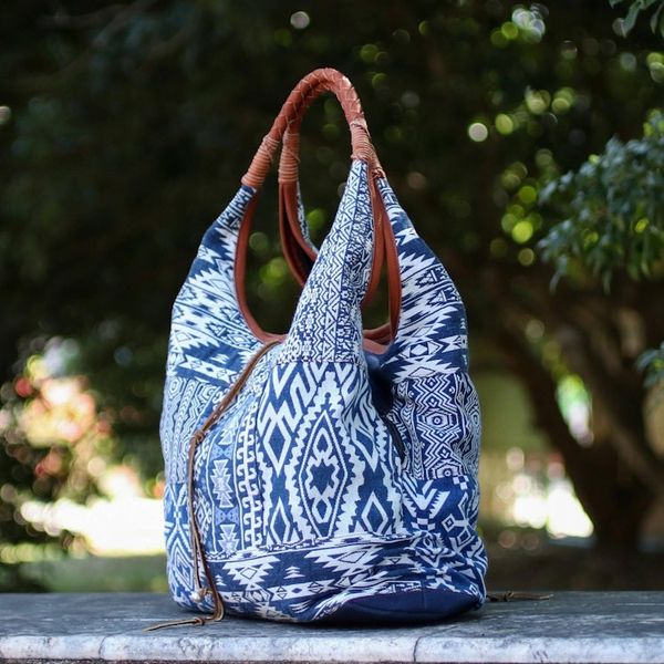 Alternate image for Leather Accent Cotton Blend Hobo Bag in Lapis and White Lapis Geometry
