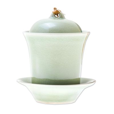 Alternate image for Handcrafted Celadon Green Ceramic Soup Cup Lid Saucer Set Cup of Comfort in Green