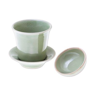 Alternate image for Handcrafted Celadon Green Ceramic Soup Cup Lid Saucer Set Cup of Comfort in Green