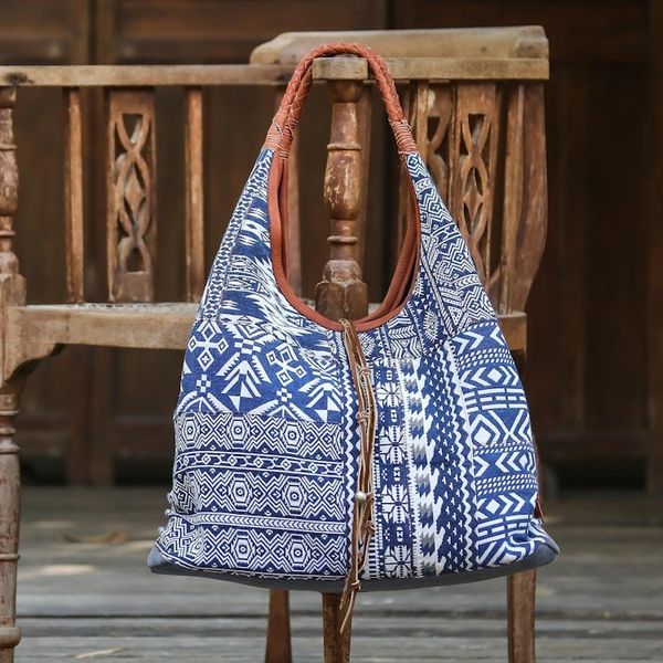 Alternate image for Leather Accent Cotton Blend Hobo Bag in Lapis and White Lapis Geometry