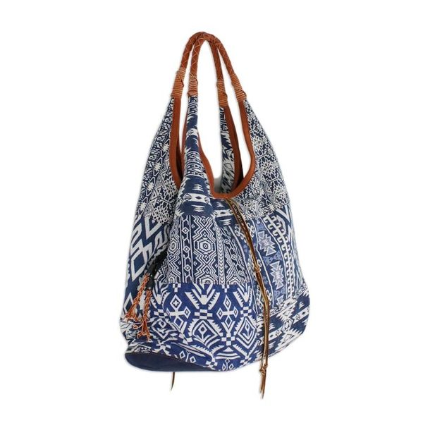 Alternate image for Leather Accent Cotton Blend Hobo Bag in Lapis and White Lapis Geometry