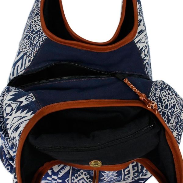 Alternate image for Leather Accent Cotton Blend Hobo Bag in Lapis and White Lapis Geometry