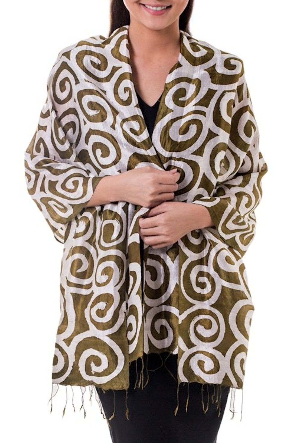 Thai Artisan Crafted Silk Shawl 'Olive Thai Maze'