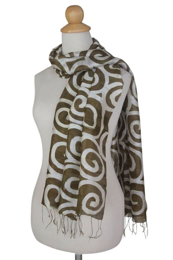 Alternate image for Thai Artisan Crafted Silk Shawl Olive Thai Maze
