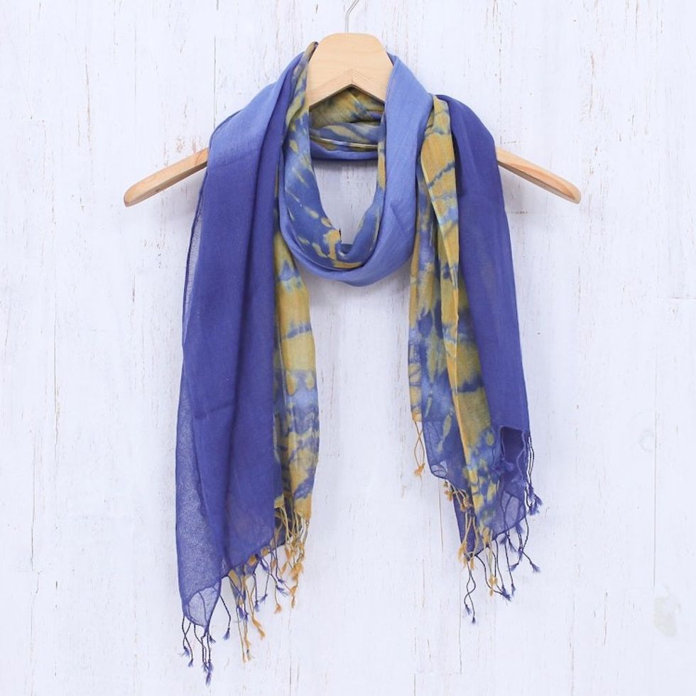 Pair of Cotton Tie-Dye Scarves in Blue and Yellow 'Wave of Love'