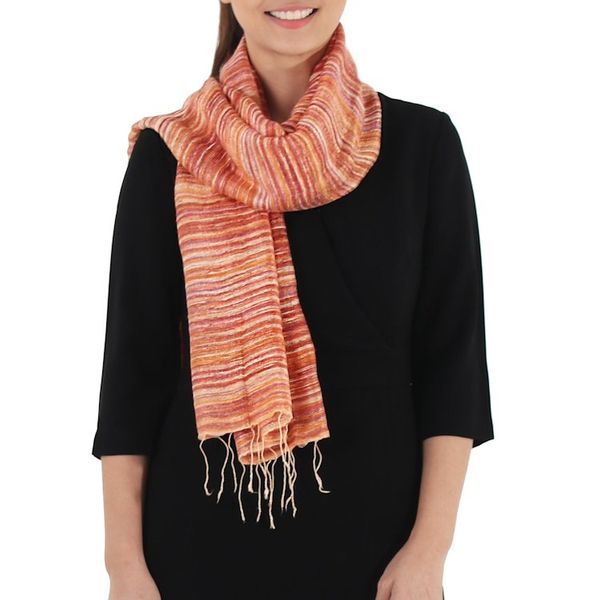 Alternate image for Hand Spun Silk Scarf Woven in Orange Yellow and Red Orange Iridescence