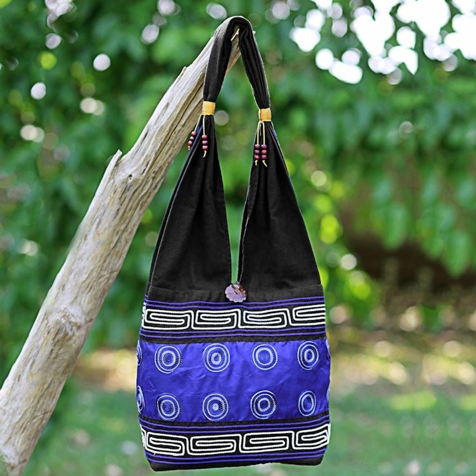 Cotton Silk Blend Shoulder Bag Indigo Black Thailand 'Summer Indigo'