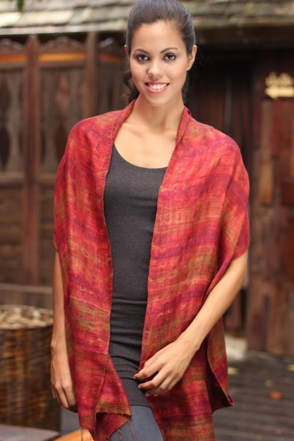 Alternate image for Unique Silk Scarf from Thailand Crimson Wilderness