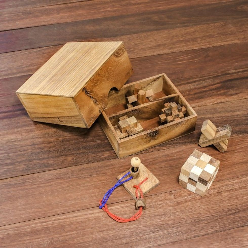 Handmade Set of Six Mini Wooden Puzzles from Thailand 'Mini Puzzles'