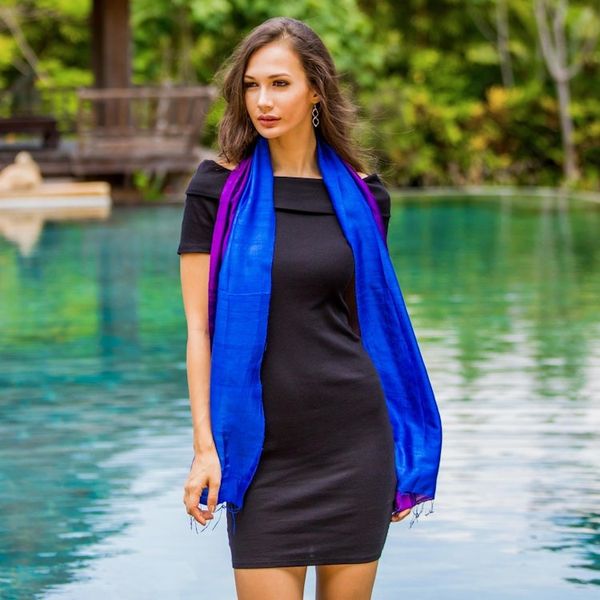 Alternate image for Hand Woven Silk Scarf in Purple and Blue from Thailand Spring Shimmer