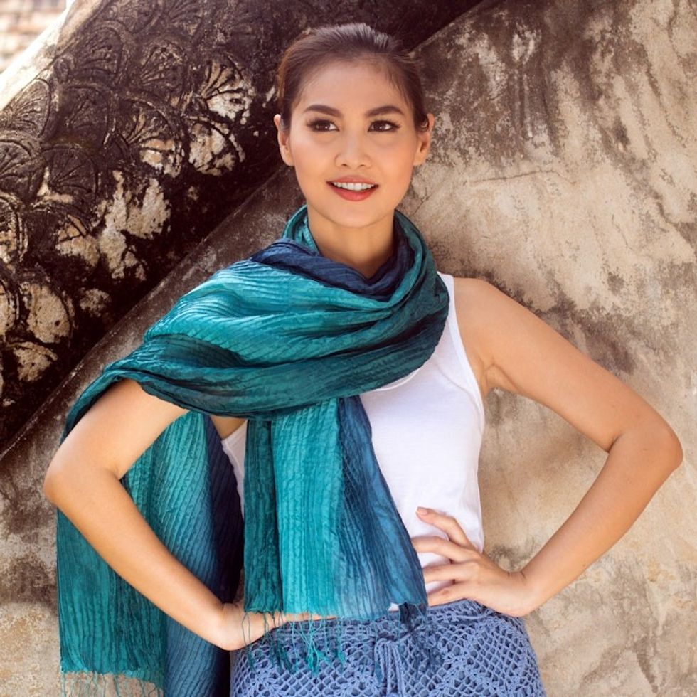 Hand Dyed Pin Tuck Silk Scarf 'Aqua Turquoise Transition'