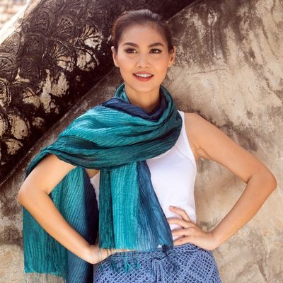Alternate image for Hand Dyed Pin Tuck Silk Scarf Aqua Turquoise Transition
