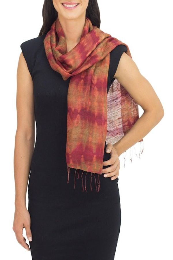 Alternate image for Unique Silk Scarf from Thailand Crimson Wilderness