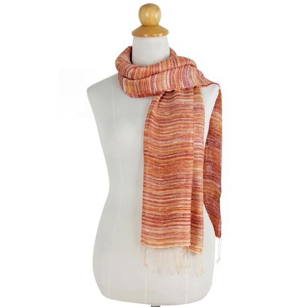 Alternate image for Hand Spun Silk Scarf Woven in Orange Yellow and Red Orange Iridescence