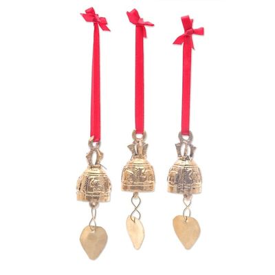 Alternate image for Set of 3 Brass Bell Ornaments with Elephants and Red Ribbons Elephant Chant
