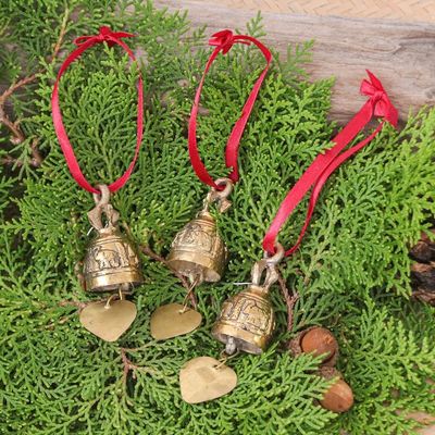 Alternate image for Set of 3 Brass Bell Ornaments with Elephants and Red Ribbons Elephant Chant