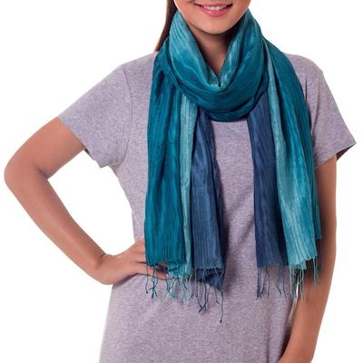 Alternate image for Hand Dyed Pin Tuck Silk Scarf Aqua Turquoise Transition
