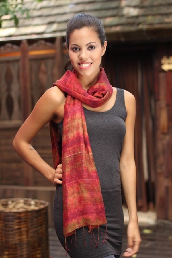 Alternate image for Unique Silk Scarf from Thailand Crimson Wilderness