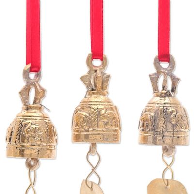 Alternate image for Set of 3 Brass Bell Ornaments with Elephants and Red Ribbons Elephant Chant