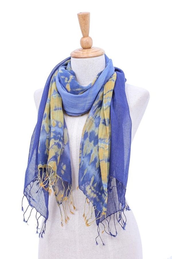 Alternate image for Pair of Cotton Tie-Dye Scarves in Blue and Yellow Wave of Love