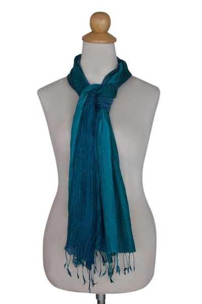 Alternate image for Hand Dyed Pin Tuck Silk Scarf Aqua Turquoise Transition