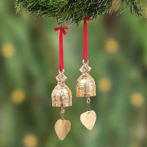 Alternate image for Pair of Brass Bell Ornaments with Elephants and Red Ribbons Elephant Tune