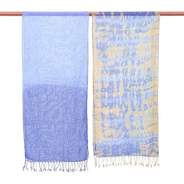 Alternate image for Pair of Cotton Tie-Dye Scarves in Blue and Yellow Wave of Love