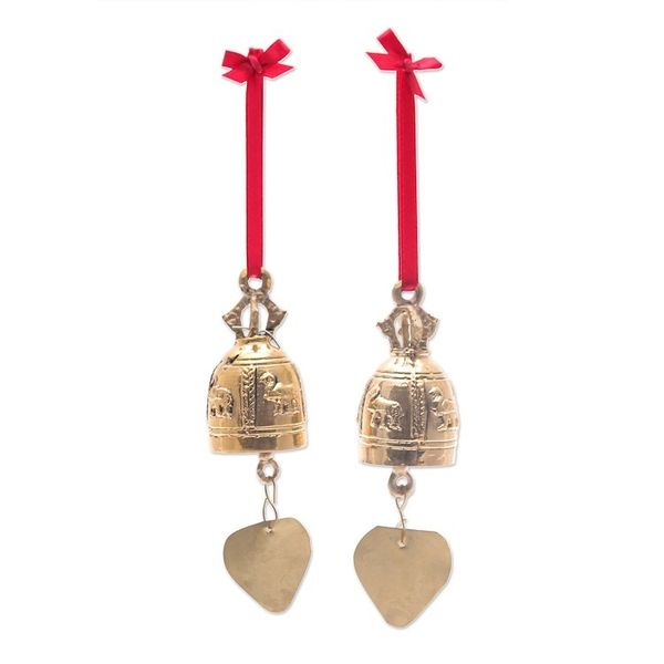 Alternate image for Pair of Brass Bell Ornaments with Elephants and Red Ribbons Elephant Tune