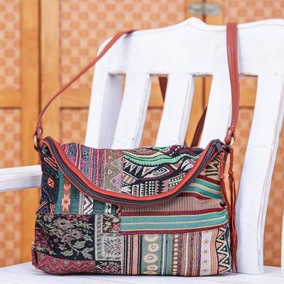 Alternate image for Leather Accented Cotton Sling Bag from Thailand Casual Lanna in Green