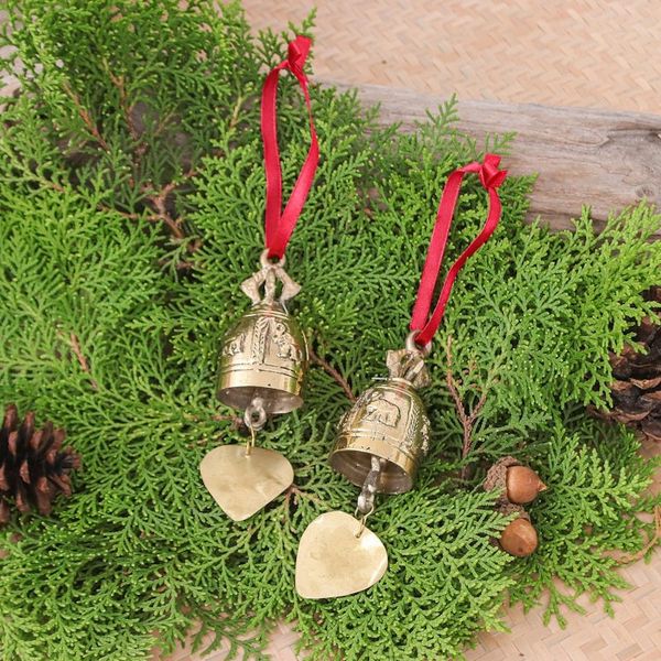 Alternate image for Pair of Brass Bell Ornaments with Elephants and Red Ribbons Elephant Tune