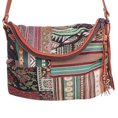 Alternate image for Leather Accented Cotton Sling Bag from Thailand Casual Lanna in Green
