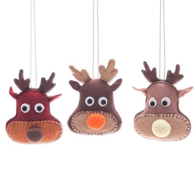Alternate image for Set of Three Brown and Red Felt Reindeer Ornaments Reindeer Party