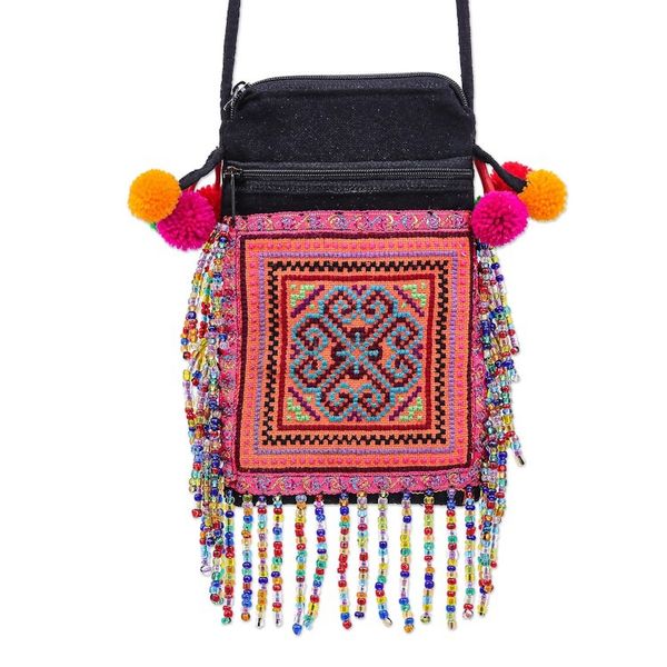 Alternate image for Hmong Cross-Stitch Sling Bag with Beaded Fringe Petite Hmong