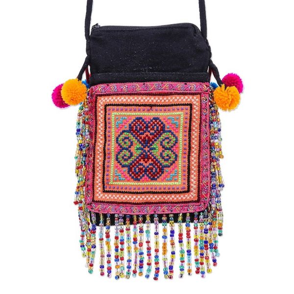 Alternate image for Hmong Cross-Stitch Sling Bag with Beaded Fringe Petite Hmong