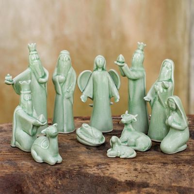 Alternate image for 11-Piece Handcrafted Thai Celadon Ceramic Nativity Scene Jade Christmas