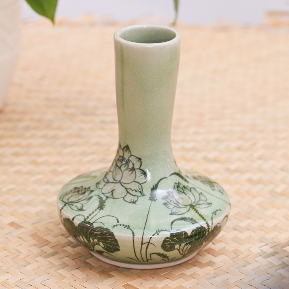 Hand Painted Celadon Ceramic Floral-Themed Vase 'Fresh-Cut Lotus'