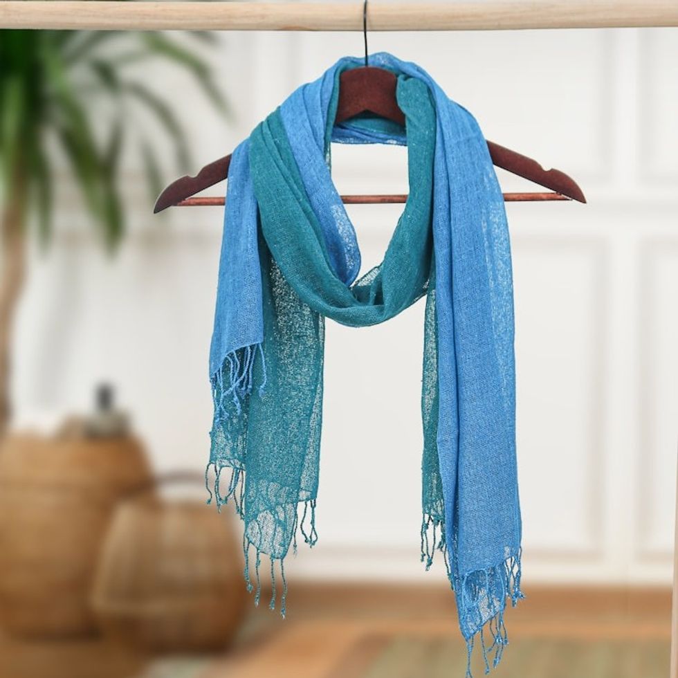 Set of 2 Ocean-Inspired Teal and Cyan Cotton Scarves 'Teal and Cyan Tides'