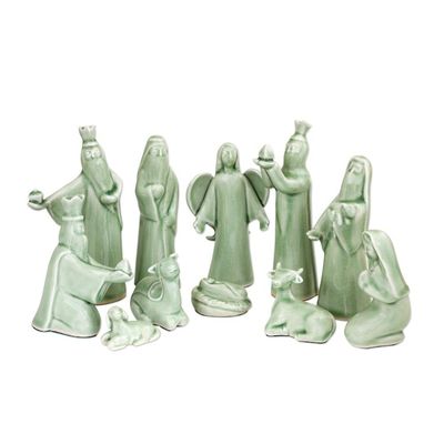 Alternate image for 11-Piece Handcrafted Thai Celadon Ceramic Nativity Scene Jade Christmas