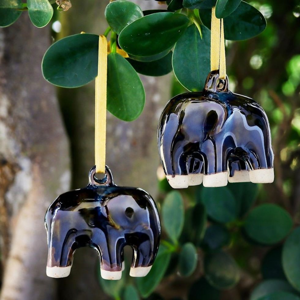 Mottled Blue-Brown Celadon Ceramic Ornaments Pair 'Dark Elephant'