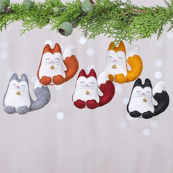 Alternate image for Set of Five Handcrafted Felt Cat Ornaments with Golden Bells Colorful Meows