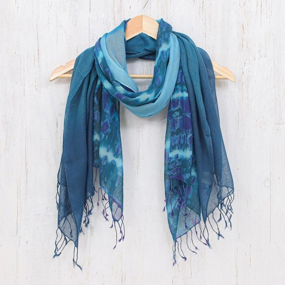 Pair of Cotton Scarves in Shades of Blue 'Sea of Love'