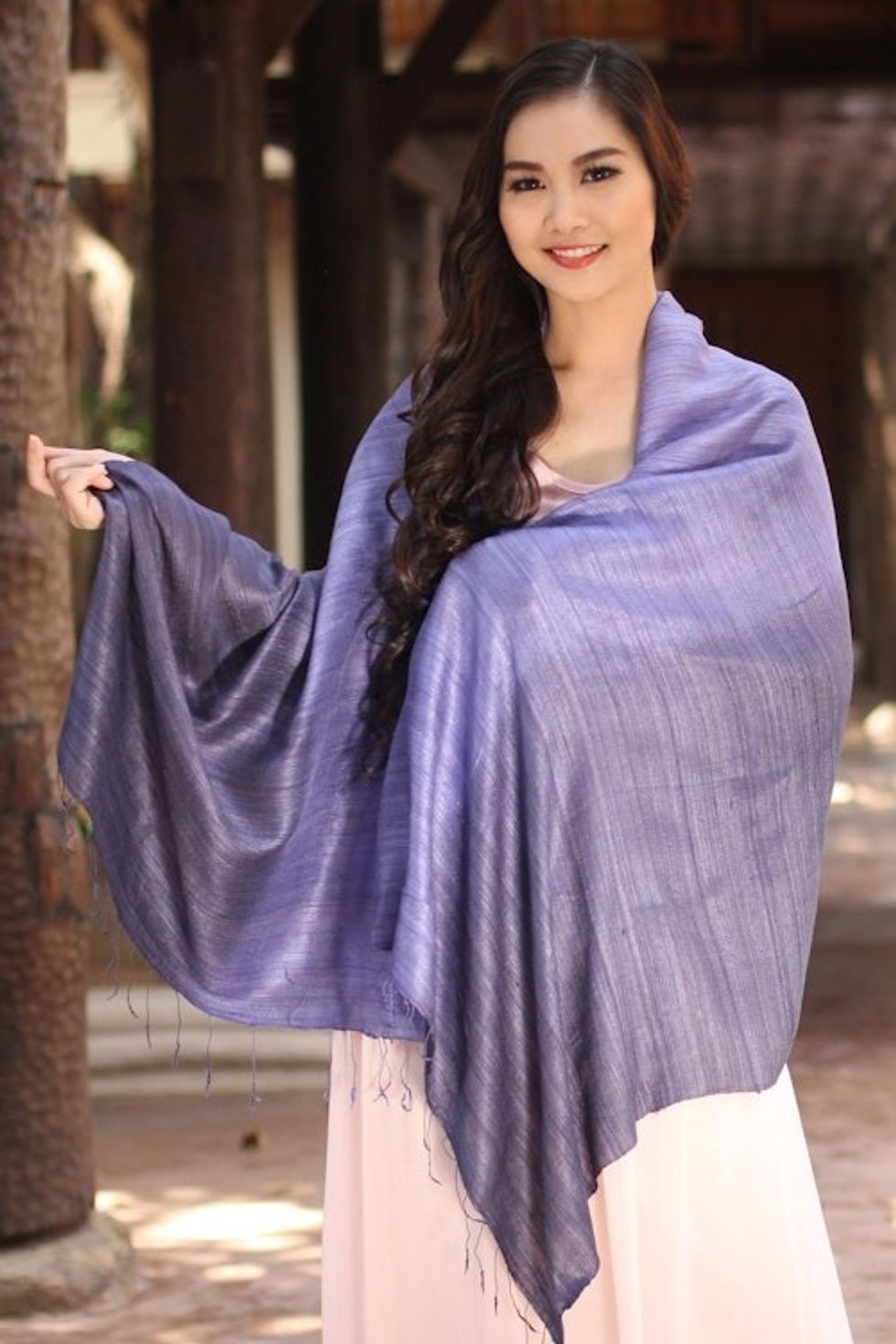 Purple Hand Crafted Thai Raw Silk Shawl 'Bold Lily'