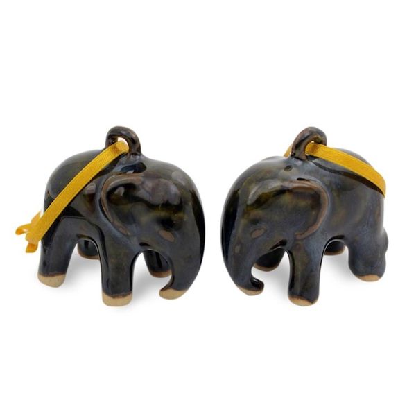 Alternate image for Mottled Blue-Brown Celadon Ceramic Ornaments Pair Dark Elephant