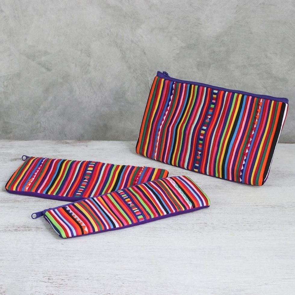 Purple Striped Makeup Cases from Thailand Set of 3 'Purple Lisu Chic'