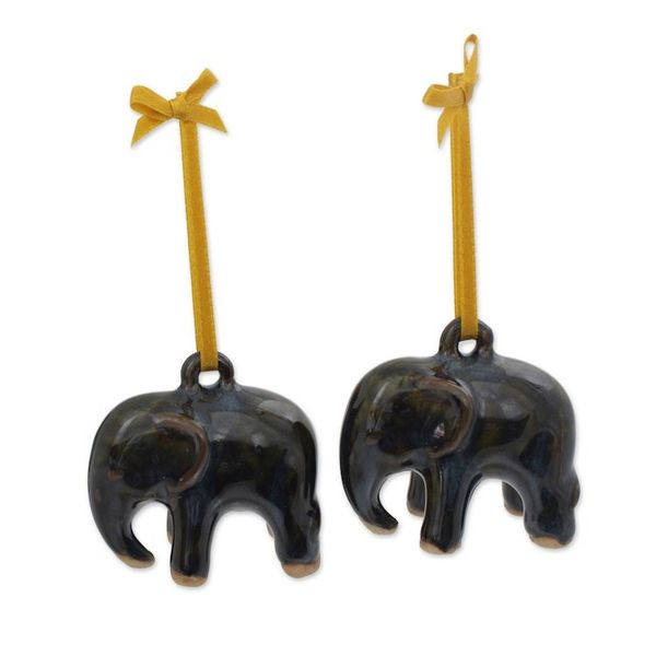 Alternate image for Mottled Blue-Brown Celadon Ceramic Ornaments Pair Dark Elephant