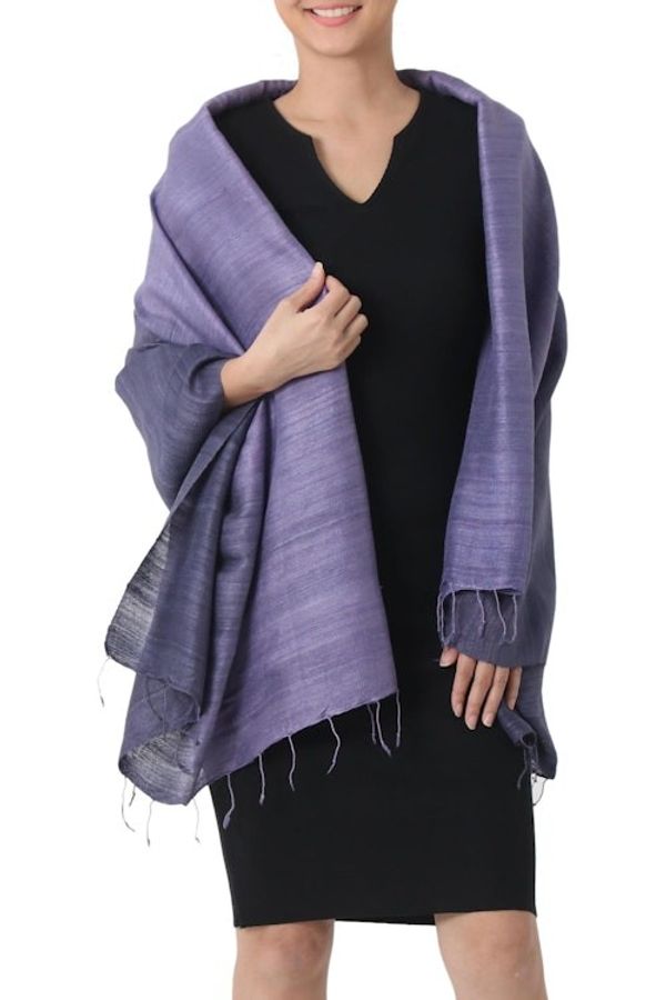 Alternate image for Purple Hand Crafted Thai Raw Silk Shawl Bold Lily